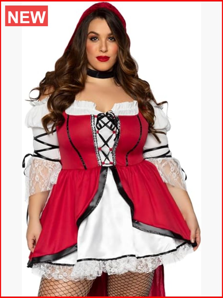 Red Riding Hood Costume 2 Pc Lace Trimmed Peasant Dress, Attached Long Cape,